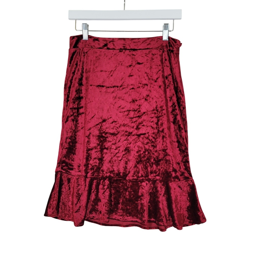 The Limited Crushed Velvet Skirt Womens‎ 6 Red Flounce Hem Side Zip Knee Fairy